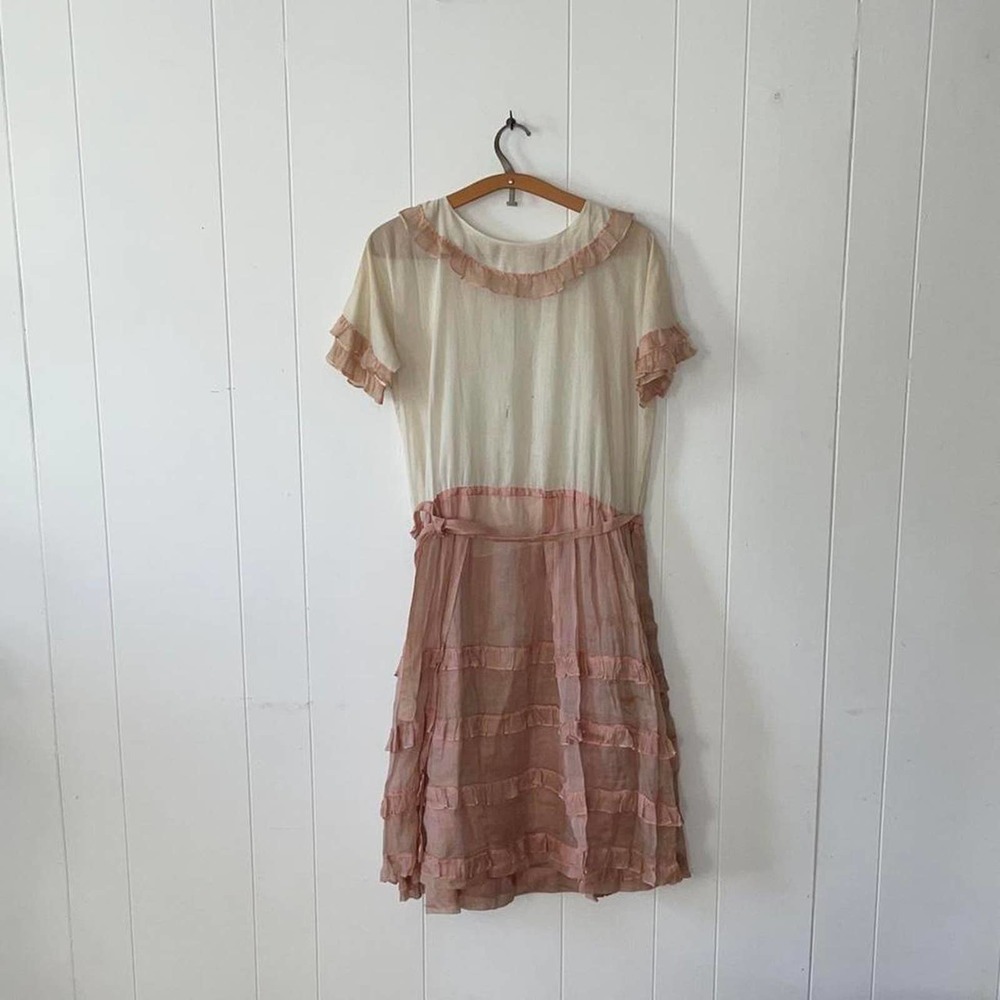 Antique 1920s Ivory Cotton Voile Pink Organza Ruffle Drop Waist Flapper Dress